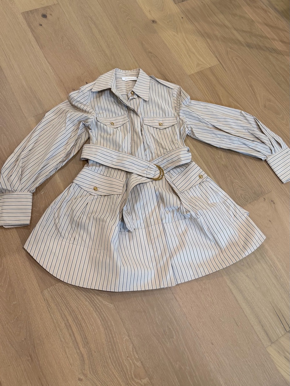 Zimmermann Cream and Navy Pinstripe Belted Mini Shirtdress